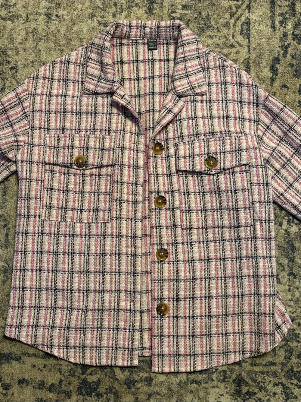 SHEIN Pink and White Plaid Button-Front Kids Shirt Jacket